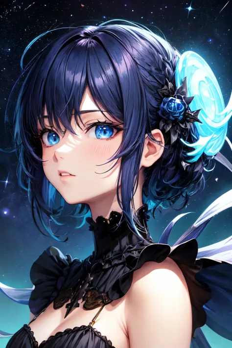 Gothic anime boy with black and blue hair under the stars