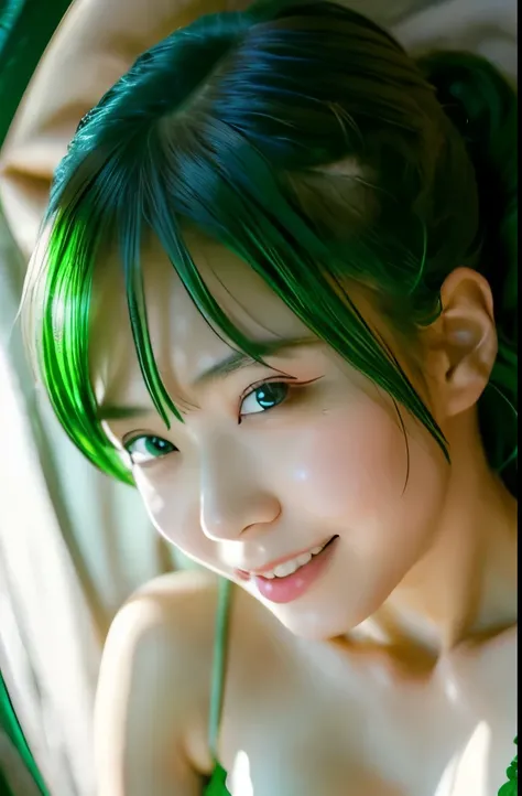 "Best Quality, 4K, 8K, hight resolution, ​masterpiece, Ultra-detailed, Realistic, Photorealistic, Cinematic lighting, Beautiful detailed glow, Detailed face, Light leak, amazing, Intricate details, Dynamic Angle, Green hair, A cute Japanese woman, "Intimat...