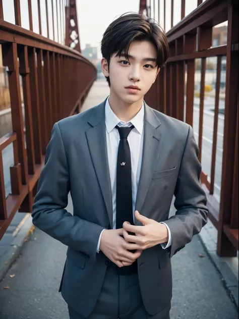 boy, 17 y.o, suit, tie, bridge