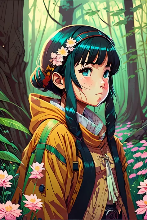 in the photo，A girl smells flowers， Laurie Greasley style, by Ghibli Studio, Akira Toriyama, James Gillard, genshin impact, Popular Pixiv fan box, acrylic palette knife, 4K,  Hot topics on artstation, low details