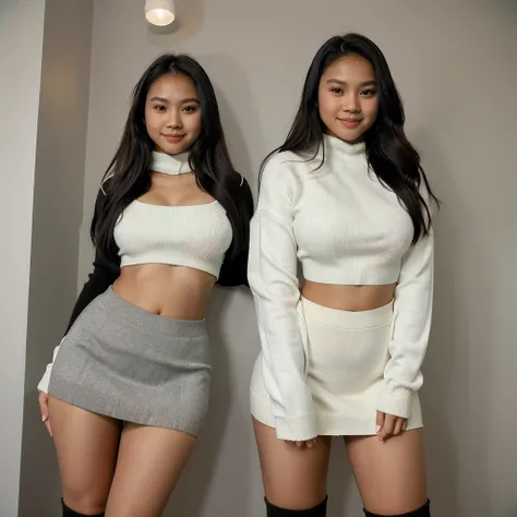 Sexy 18 year old filipino woman wearing a skirt and a sweater and thigh high socks, thin body, large perfect covered breasts, large butt, small waist, wide hips, full pouty lips, smiling, eyes angled and far apart