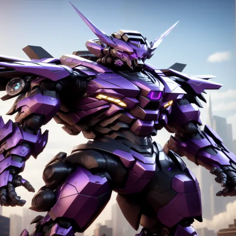 araffe robot with purple and black armor standing in front of a city, purple armor, high detail 8 k render, high detail 8k render, 8 k octane detailed render, mecha suit, rendered in redshift, hyperreal highly detailed 8 k, high detail 4k render, 8k octane...