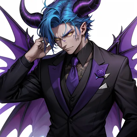 male demon with ram horns, wearing a business suit, has a smoldering aura, yellow eyes, large demon wings, showing his chest, has demonic tattoos, alone, solo, (ALONE)(SOLO), has blue hair, imposing, large horns, purple wings, purple lapel on suit