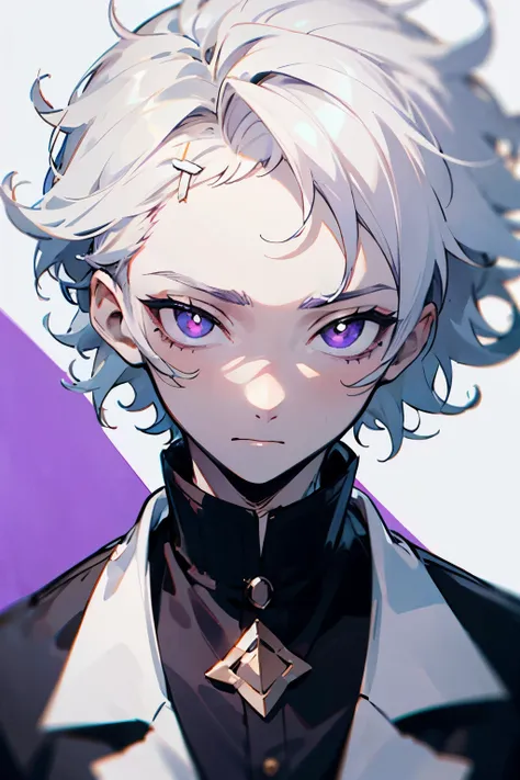 A guy with curly white hair, completely white skin, and purple pupils, With short hair and bangs on the forehead, Remembering that he is a 15-year-old boy