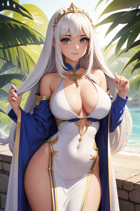 (cuerpo completo) Elfa, mujer elfa, pelo largo, pelo dorado, vestido blanco, vestido elegante, vestido revelador, vestido bikini, estilo fire emblem, grandes pechos, ojos rojos, presencia majestuosa, cola de caballo, sosteniendo una lanza en una mano, sexy...