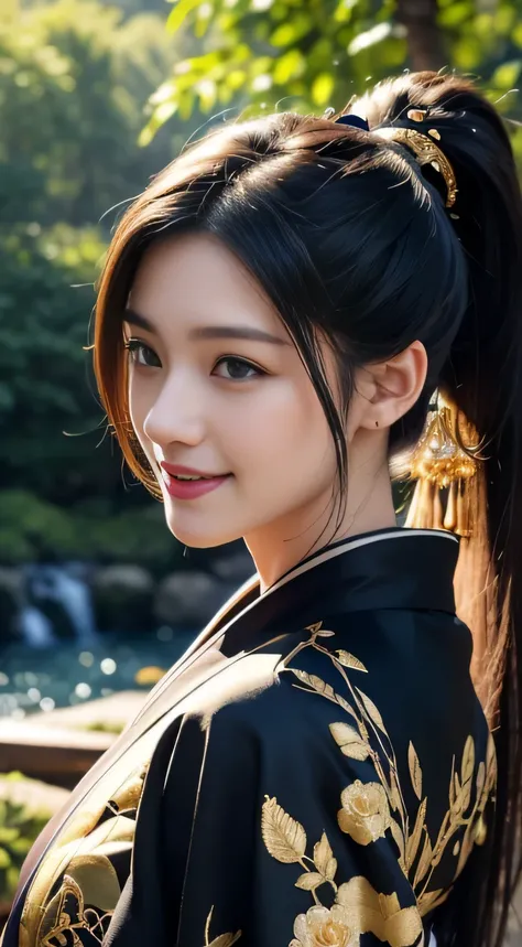 profile, watching at viewers, Goonio on a dark background(kyoto、Background in front of a big waterfall in the forest), perfect hand、Woman with shiny black hair, ((Play 3D ponytail with 3D effect、exquisite costumes{Luxury kimono(Colorful kimono(Delicate gol...