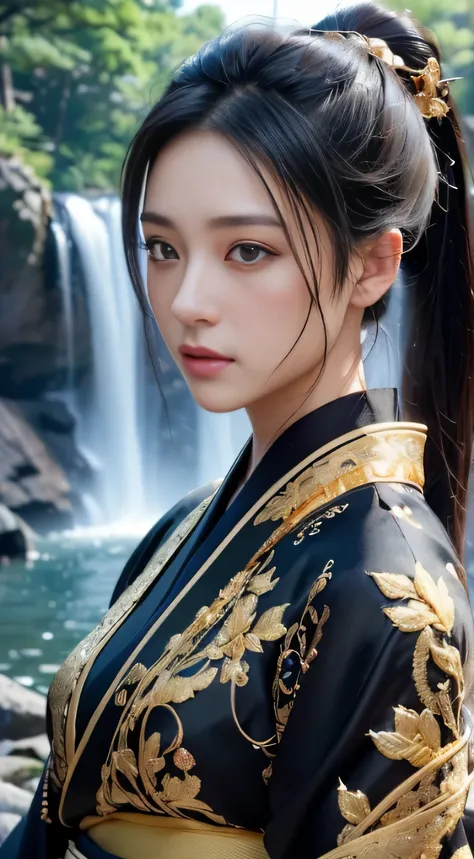 profile, watching at viewers, Goonio on a dark background(kyoto、Background in front of a big waterfall in the forest), perfect hand、Woman with shiny black hair, ((Play 3D ponytail with 3D effect、exquisite costumes{Luxury kimono(Colorful kimono(Delicate gol...