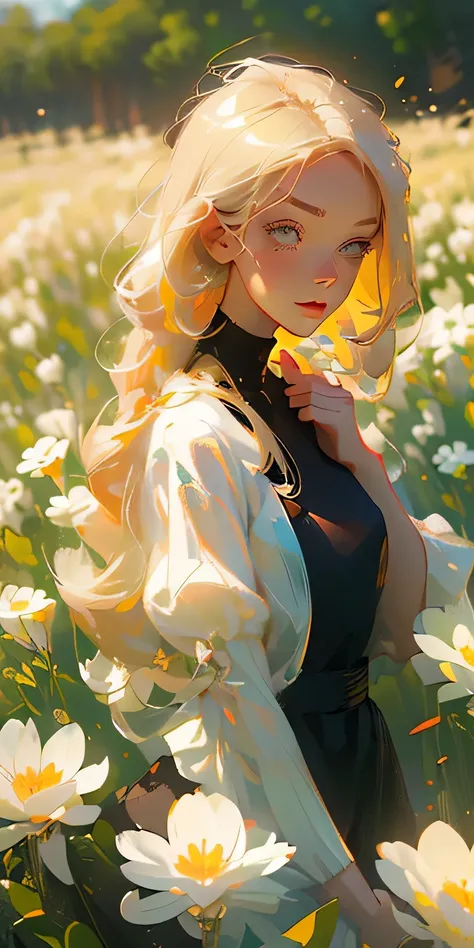 (Best Quality, masutepiece:1.3), 1girl in, Pose, Particle, Wind, flower, Upper body,  Background, Looking at Viewer, Focus on Face, Blonde,