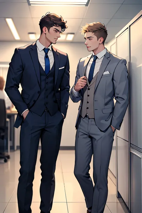 Young male designer and young male assistant，s the perfect face，dressed in a suit，Discussing work in the office，Height 180，Handsome and tall