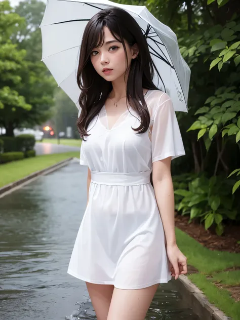 Woman in a white mini dress, wet from rain