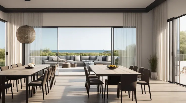 A long table and chairs in a room with large windows, present in corona, highly photographic render, Award-winning rendering, rendered in vray, Render in V-Ray, rendered in cgi, Rendering using povray, with backdrop of natural light, Vray rendering, archvi...