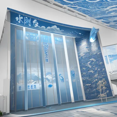 with blue sky and white clouds，outside，building entrance，Marine theme，Immersive exhibition hall entrance，There is a LOGO with the word Shuiquetai on it.，The wall is LED lines，Pattern of sea goddess，Chinese mythology，immortal，Metaverse，projection，teamlab, k...