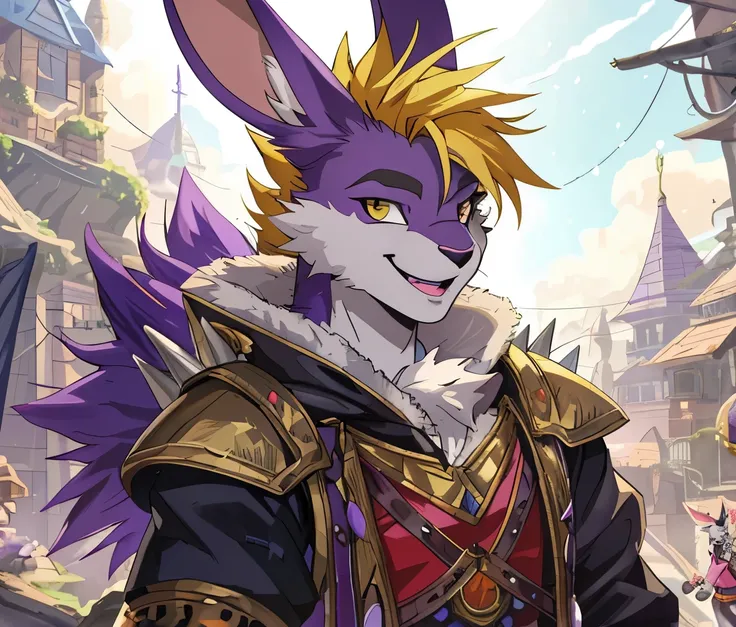 male, rabbit anthro, 16-years-old, purple fur, spiky yellow hair, eye lashes, flamboyant clothing, fantasy setting, big smile.