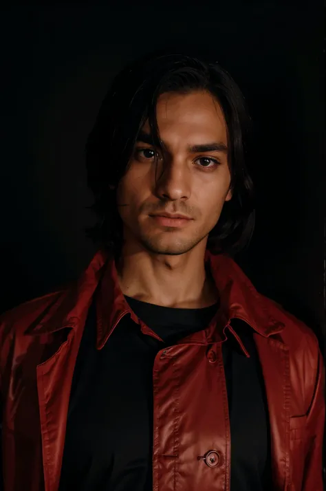 Black background, man dressed in a black shirt and a red coat over it, the man does not have a face