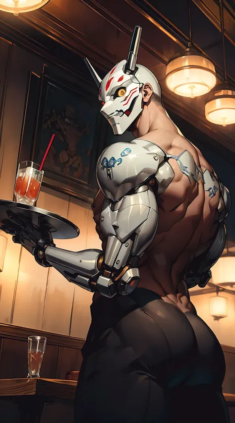 (from behind), (masterpiece, best quality), a mecha butler, (mecha mask, detailed mechanical arms), (holding up a drinks tray), (fit body, nude, nice ass), victorian style, restaurant interior, elaborate details, ambient lighting