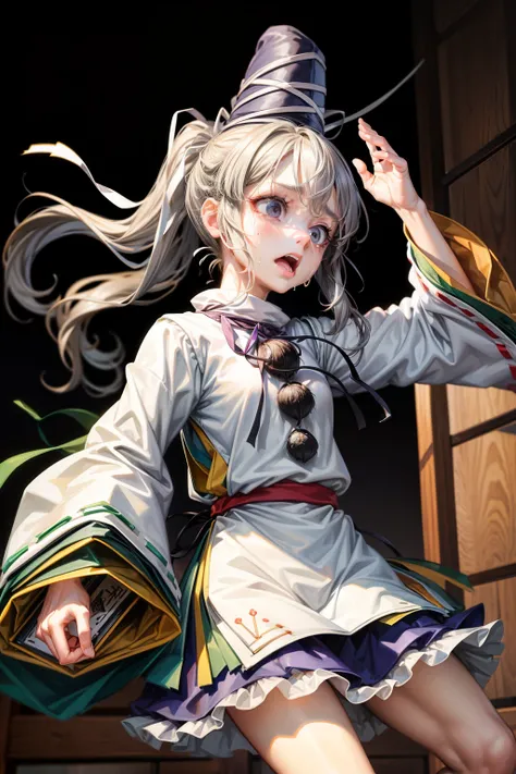 (masterpiece, top quality, best quality, beautiful and aesthetic:1.2), mononobe no futo, 1girl, hat,long hair,grey hair, ponytail, grey eyes, shirt,skirt,ribbon,japanese clothes,wide sleeves, long sleeves, japanese architecture, surprised, :o, beam, laser,...