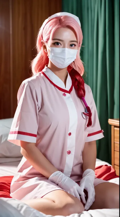 beautiful nurse, wearing a mask, carrying a red handkerchief, wearing white nurse uniform, sitting on the patients bed, wearing white gloves, scene from movie, pink hair, beautiful eyes