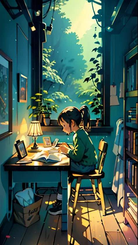 Cozy childrens room, table, bed, many books, paintings, view from the window of the forest, sea, happiness, full color, multicolored, artificial, the highest detail, super quality, small details, highlights, neon lights, masterpiece