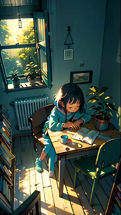 Cozy childrens room, table, bed, many books, paintings, view from the window of the forest, sea, happiness, full color, multicolored, artificial, the highest detail, super quality, small details, highlights, neon lights, masterpiece