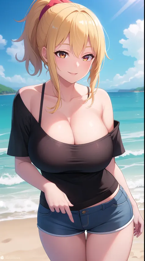 (best quality:1.5, highres, UHD, 4K, detailed lighting, shaders, perfect hand anatomy), blonde ponytail, busty, smiling, off shoulder shirt, cleavage, shorts, hot, pov, close shot, beach background