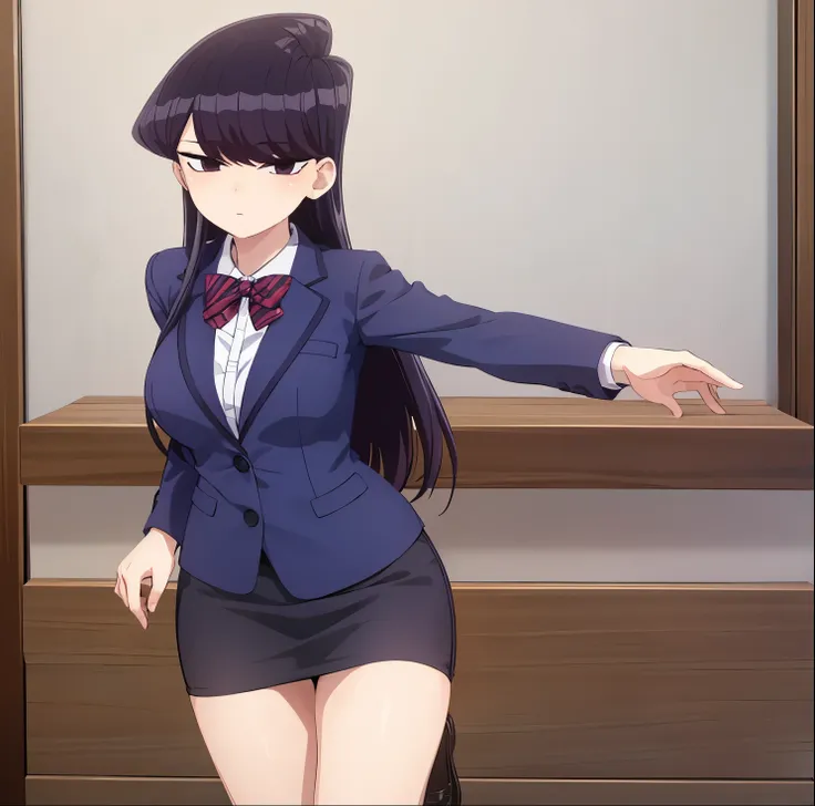 pixel-komi-shouko, from front , masterpiece, best quality , 1girl, alone,suit, office lady, pencil skirt, office desk, good hand...