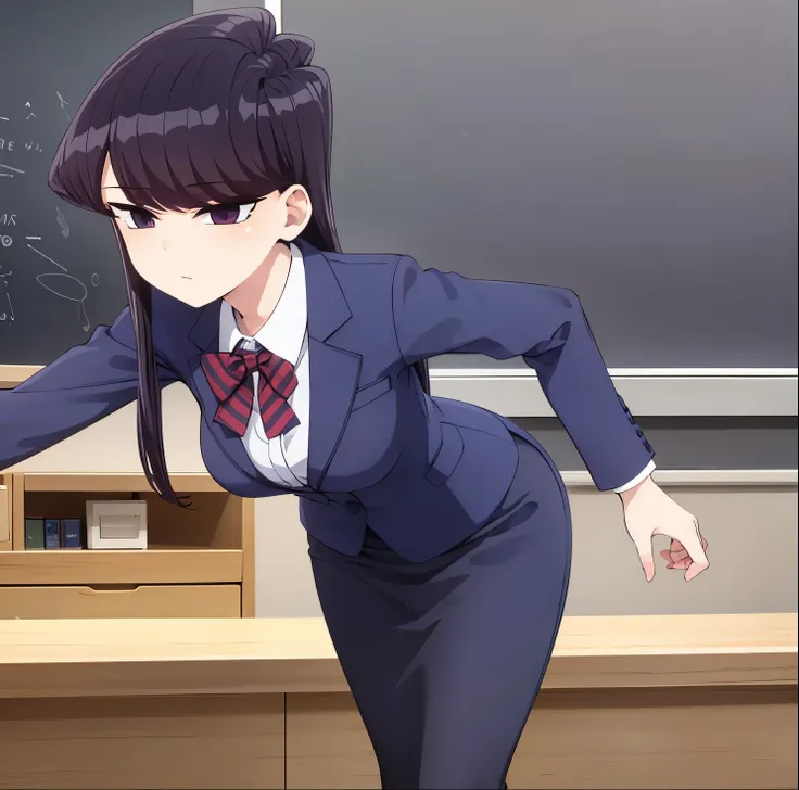 pixel-komi-shouko, from front , masterpiece, best quality , 1girl, alone,suit, office lady, pencil skirt, office desk, good hand...