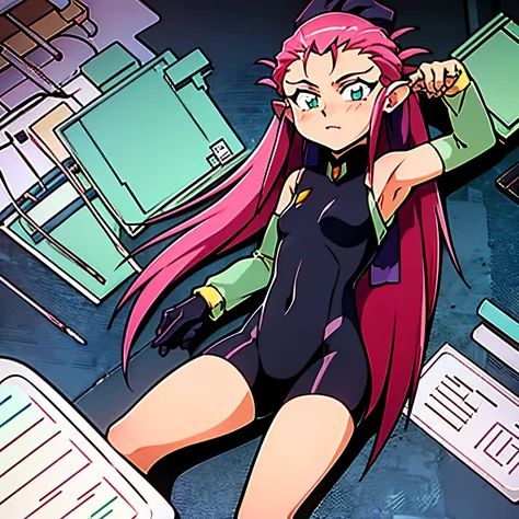 cabelo vermelho,seios pequenos,battlesuit, laboratory, bochechas coradas,uma menina,pernas para cima, washu, tenchi muyo,nebulos...