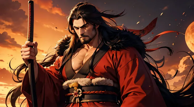 A Man, Samurai, Long hair, Rough appearance, Red kimono, Wearing animal fur, big body