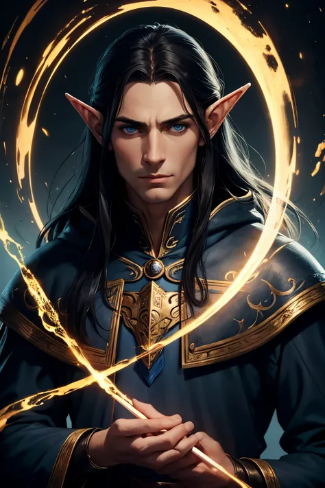 "(best quality,highres,ultra-detailed),portrait,painterly,black-haired,cool blue eyes,tall and slim,noble born,elegant and dignified,half-elf,lunar magic sorcerer,vibrant colors,soft lighting,enchanted forest background"