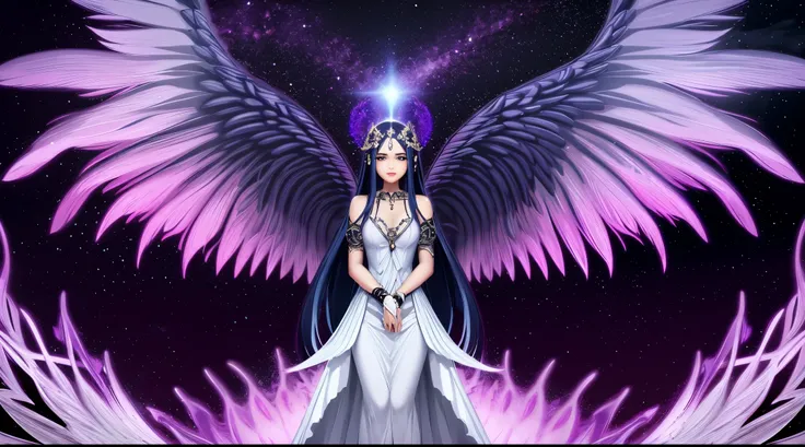 cosmic fallen female angel, preto desabado nos olhos, Biomechanicals, estranho, assustador, Pesadelo, cores muito brilhantes, light particles, com luz brilhante, Mshiff, Arte do papel de parede, Papel de parede UHD, cosmic background INFO