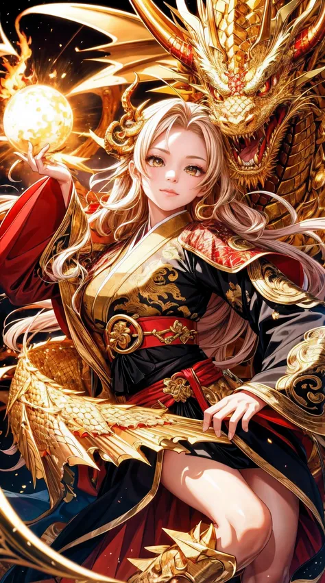 Amazing illustration of a dragon behind a beautiful girl, Beautiful rainbow kimono, masutepiece, A golden dragon surrounded by gold dust, Wind, god, long wavy body, tusk, Fantasy, myth, High quality, Highly detailed, masutepiece, epicd, Particle effect, Dy...