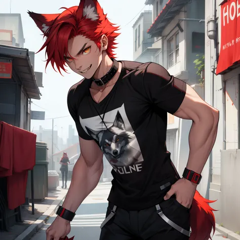 lithe male with red hair, wolf ears and wolf tail, wearing graphic t-shirt, cute fangs, wearing collar, solo, alone, (SOLO)(ALONE) slim figure