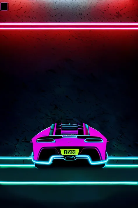 (((blacklight poster style with neon colors and neon outlines of 1 futuristic sports car  parked in front of a garage))), vehicle, full body photo, wide angel, sport car, highlight, album, vehicle photography, full view of a sport car, new vehicle, exotic,...