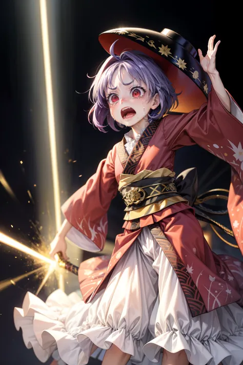 (masterpiece, top quality, best quality, beautiful and aesthetic:1.2), sukuna shinmyoumaru, 1girl,minigirl,bowl hat,ahoge,purple hair, short hair,red eyes,japanese clothes,frilled kimono,obi,sash,long sleeves, wide sleeves,  japanese architecture, surprise...