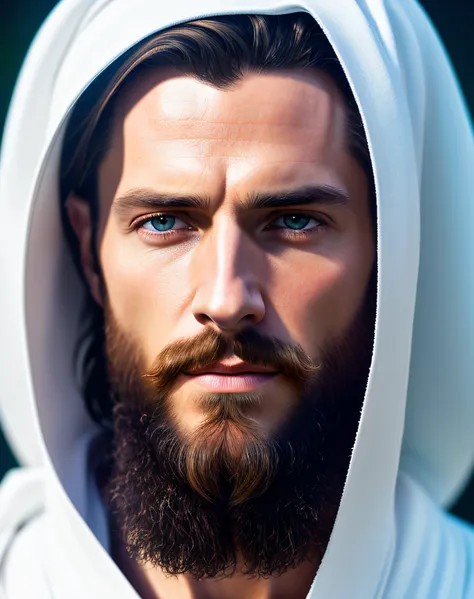 (symmetry),centered,a ((close)) up portrait,(jesus),a very thin white man with long hair and a beard,wearing a long white robe,3...