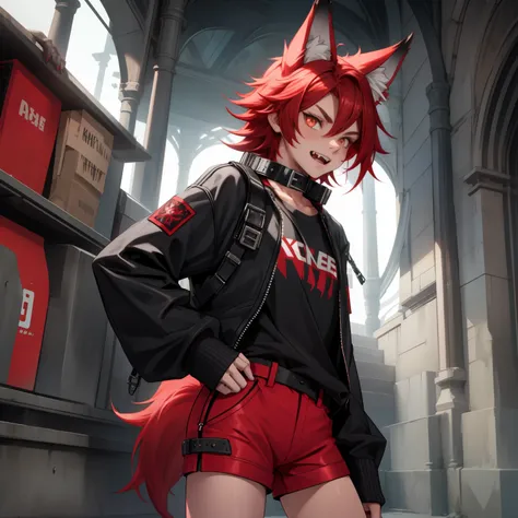 feminine looking male with red hair, wolf ears and wolf tail, wearing tight shorts, cute fangs, wearing collar, solo, alone, (SOLO)(ALONE) slim figure, slutty outfit