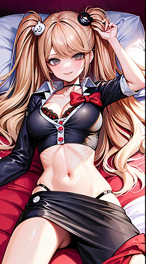 Junko Enoshima， Una rubia de pelo largo， 1girll， Colas dobles， solo， Pechos de nedium， eOjos azules，， 鎖骨，gran escote breasty bange rojo en la cara，  sonrisa pervertida， Mirando a Viewert， La parte superior del cuerpo， Adorno de pelo de oso， toenail polish，...