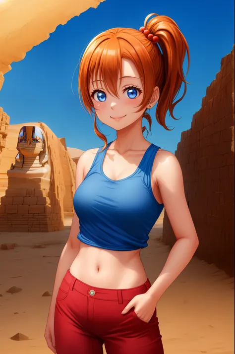 Masterpiece, best quality, kousaka honoka, blue eyes,side ponytail, standing, smile,well endowed body,cowboy shot, hands on hips, red tank top, blue pants,glowing eyes, in Egypt desert,sun background.