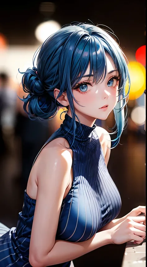 Blue hair beauty, captivating gaze, elegant pose, bokeh, stylish attire, subtle shadows, high resolution, high neck sleeveless striped dress, night