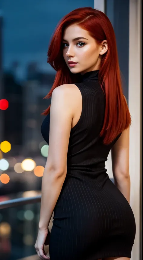 Red hair beauty, captivating gaze, elegant pose, bokeh, stylish attire, subtle shadows, high resolution, high neck sleeveless striped dress, night,butt