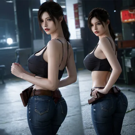 (masterpiece:1.2, Best Quality:1.2), ((Claire Redfield, super beautiful woman)), Resident evil, (Blue shirt, Skinny jeans), (Colossal tits:1.5, Huge boobs:1.1, Huge breasts:1.2, gigantic cleavage breasts:1.1), (Detailed face, Detailed skin texture, Perfect...