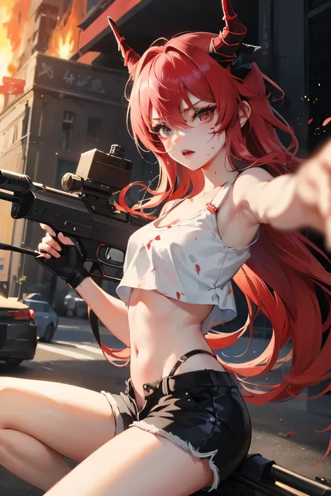 Elfen Lied, Lucy anime with long red hair, blood splatters on her face, blood splatters on her body, fierce expression, petite body, sexy shorts and v neck crop top, horns, gun in hand aiming, city burning in the background