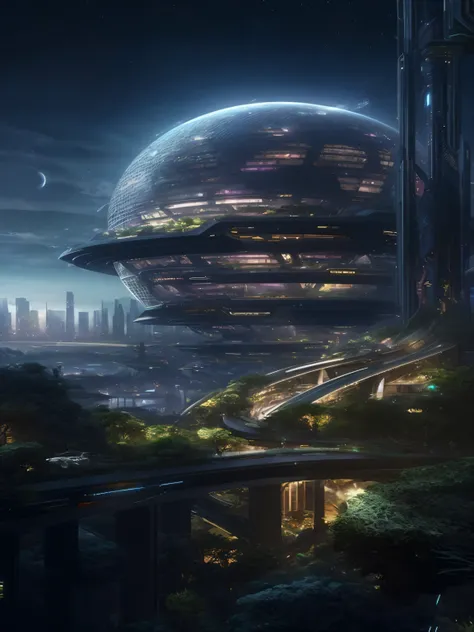 futuristic city with a futuristic structure and a futuristic bridge, futuristic setting, futuristic utopia, otherwordly futuristic city, beautiful city of the future, huge futuristic temple city, cyberpunk space colony, utopia sci-fi style, solarpunk futur...