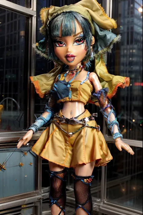 Bratz girl with detailed eyes and big lips and brown curly rococo hair, wearing plaid skirt and tied white shirt, full body , plastic skin , doll joints , ,(masterpiece, top quality, best quality, beautiful and aesthetic:1.2), doll, revealing clothes, big ...