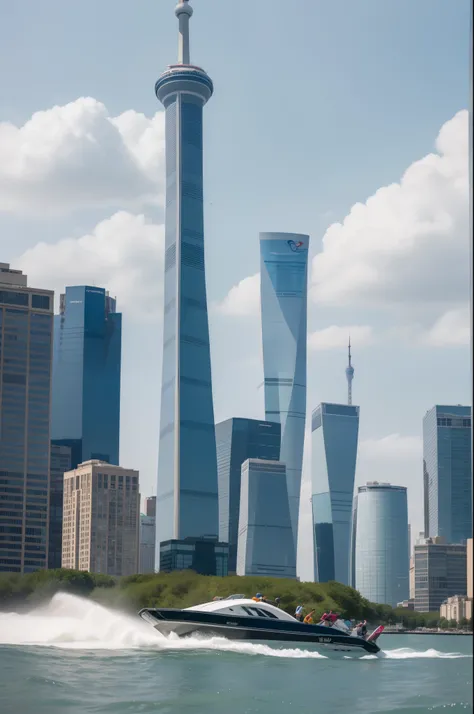 Two people standing on a speedboat，On the shore is the Oriental Pearl Tower