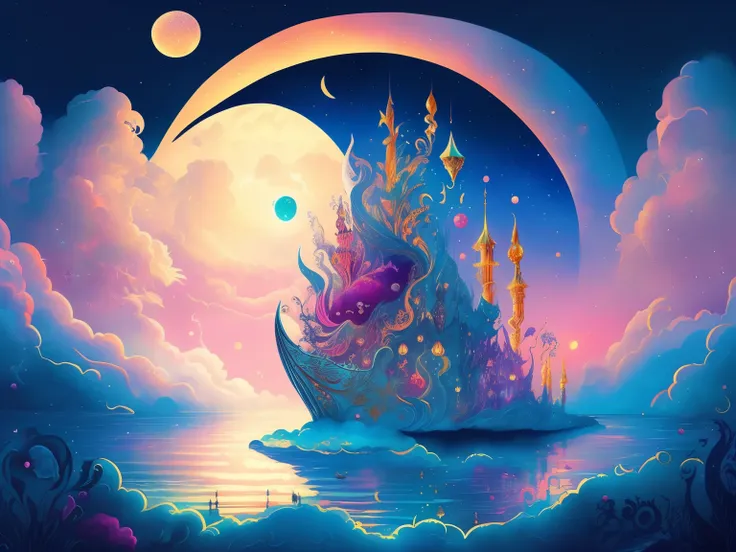 There is a crescent moon floating on the sea，A wonderland of dreams，rich colourful，Fantasy fairy tale style sea world，The glowing chandelier in the sky is in the shape of a cloud，night starry river，Brilliant and gorgeous illustrations