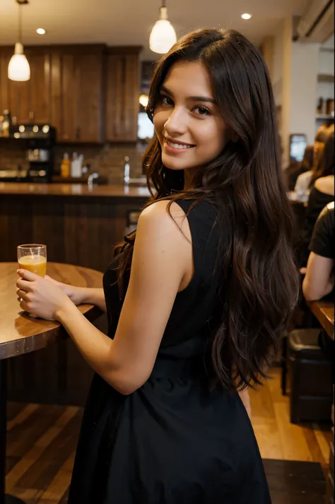 side pose of a brown 25 year old beautiful model, wearing black trendy outfit, smiling in a cafe, long curly brown hairs, brown eyes, realistic skin texture, happy face, realistic photography,