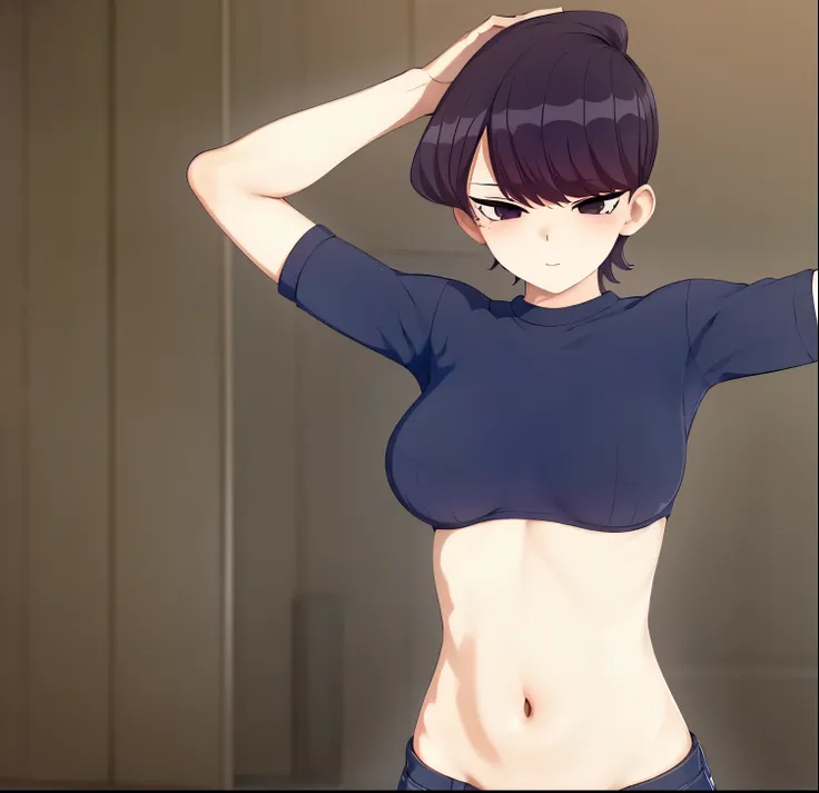 pixel-komi-shuuko, 1girl, alone, busty, sweater, jeans, shirt lift, lifted by self, flashing tits, masterpiece, best quality , g...