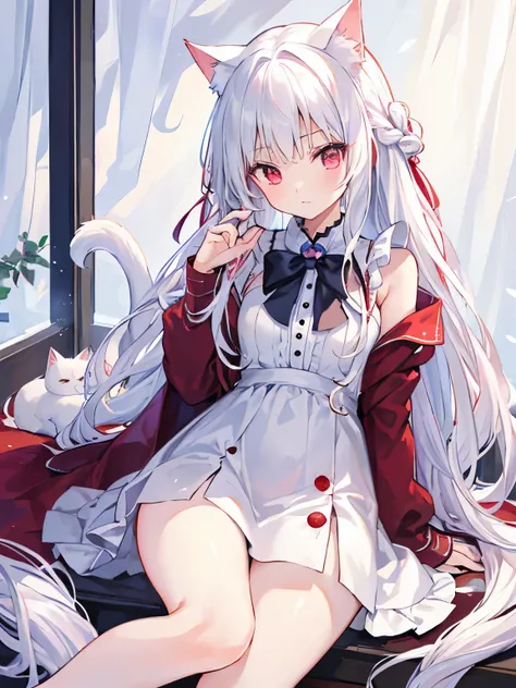 masterpiece, Highest quality, beautiful, high resolution, perfect anatomy, top-quality、 8K、 red eyes, white hair, long hair, A tuft of braid from around the frown on one side, White cat ears, White cat tail, a beauty girl、 Nice、 Beautiful hair、 Beautiful e...