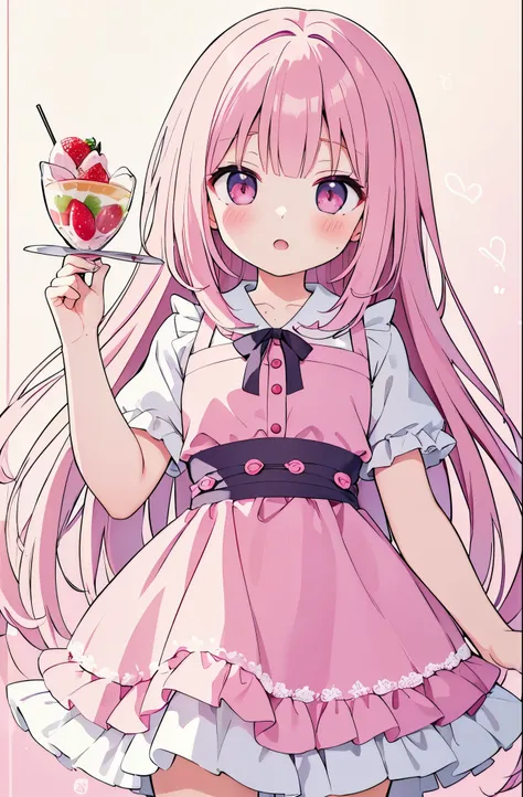(masterpiece、top-quality、top-quality、Beautifully Aesthetic:1.2)、drooping eyes、Pink tone、Wavy Hair、1girl in、Bibi-chan、(digital anime art:1.ink eyes、Pink hair、イチゴ🍓の髪飾り、A cute pink costume background reminiscent of a strawberry parfait